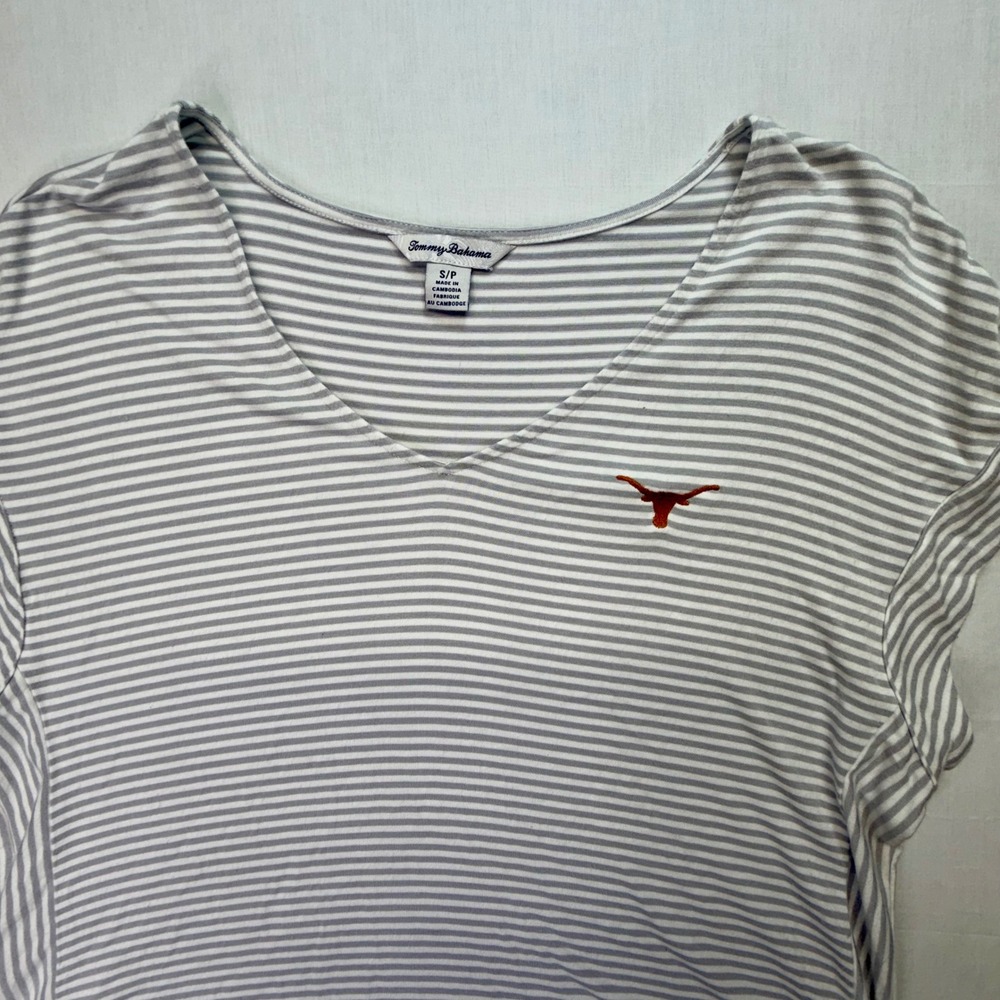 Tommy Bahama Women Small Gray White Striped V Neck Short‎ Sleeve Texas Longhorns